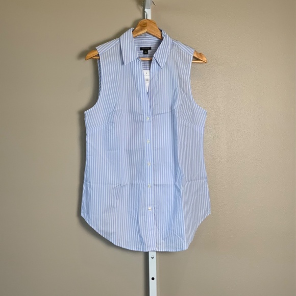 Ann Taylor Collared Split Neck Striped Sleeveless Shirt - Picture 7 of 16